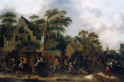 Campesinos bailando y festejando en una calle del pueblo de Claes Molenaer