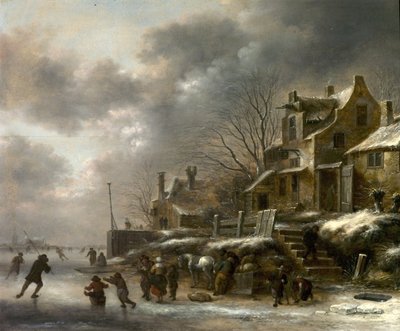 Escena de invierno, río con figuras patinando, 1671 de Claes Molenaer