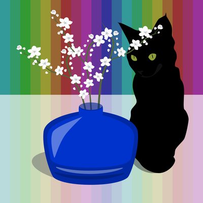 Jarrón de vidrio azul con flores y gato negro de Claire Huntley