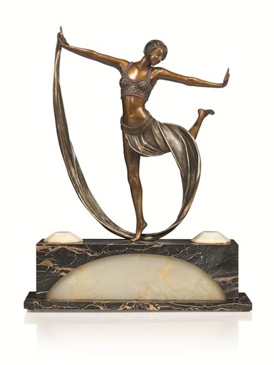 Figura Art Déco con base iluminada, "Espirit de Josephine Baker", c.1925 (bronce patinado y pintado en frío) de Claire Jeanne Roberte Colinet