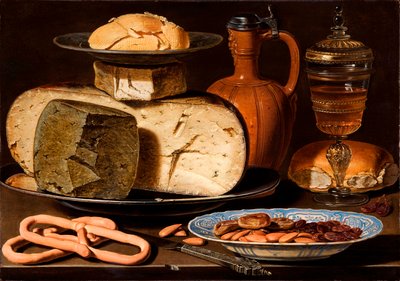 Holandés: Bodegón con quesos, almendras y pretzels Bodegón con quesos, almendras y pretzels de Clara Peeters