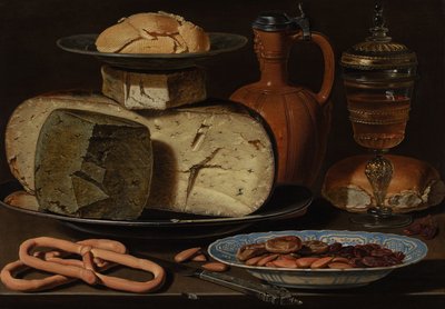 Bodegón con quesos, almendras y pretzels de Charlotte Evans