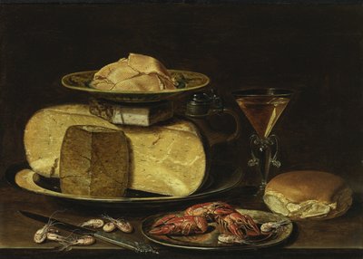 Naturaleza Muerta con Quesos, Vaso à la façon de Venise y cangrejo en un plato de peltre de Charlotte Evans