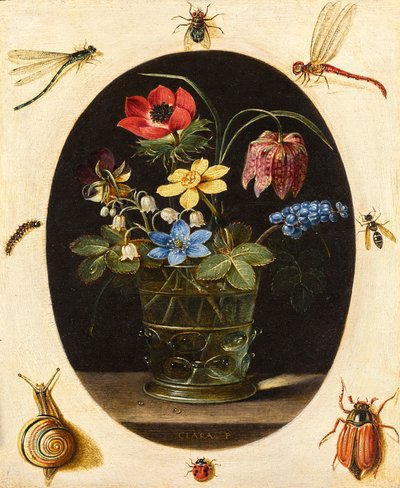 Bodegón con flores rodeadas de insectos y un caracol de Clara Peeters
