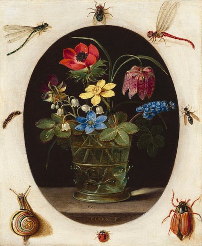 Naturaleza muerta con flores rodeadas de insectos y un caracol, c.1610 (óleo sobre cobre) de Clara Peeters