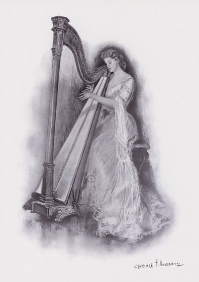 Mujer tocando un arpa de Clarence F. Underwood