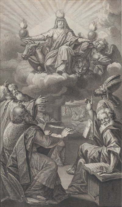 Figura alegórica apareciendo en las nubes mientras un grupo de hombres reunidos abajo miran hacia arriba, 1728 de Claude Augustin Duflos