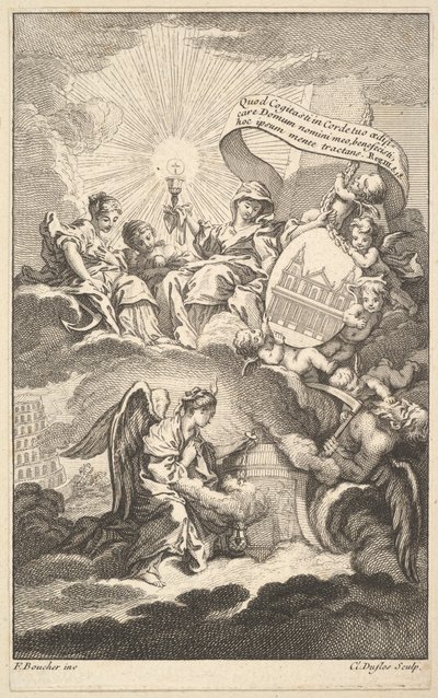 Frontispicio, de La construcción de St. Sulpice por Alexis Piron, ca. 1744 de Claude Augustin Duflos