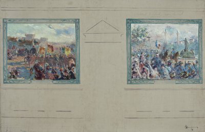 Croquis para el ayuntamiento del distrito 12 de París: Revue militaire. Défilé place de la Nation, hacia 1910 (óleo sobre lienzo) de Claude Charles Bourgonnier
