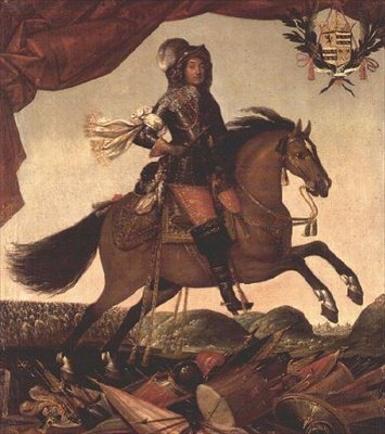 Retrato ecuestre de un general, trofeo de armas en primer plano y caballería al fondo de Claude Deruet