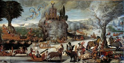 Los cuatro elementos: Agua. Escena de paisaje invernal, el Rey Luis XIII está representado como Neptuno, Ana de Austria como Anfitrite, el Príncipe y futuro Rey Luis XIV en un barco. Pintura de Claude Deruet (1588-1662). 1640-1641. Orleans. Museo de de Claude Deruet