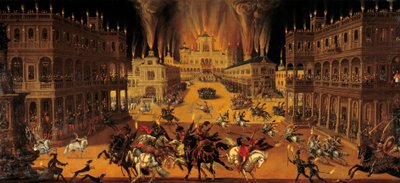 Los cuatro elementos: fuego. Espectáculo y torneo ecuestre en la época de Luis XIII. A la derecha, el rey disfrazado participa en el espectáculo a caballo, mientras el Cardenal Richelieu observa la escena desde un balcón. Pintura de Claude Deruet de Claude Deruet