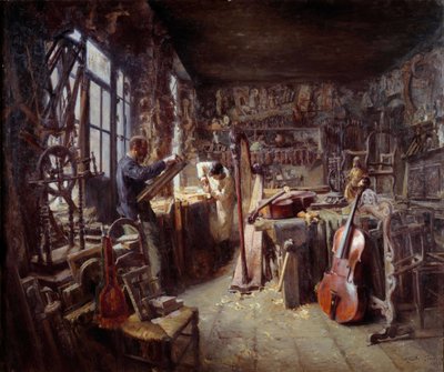 Un restaurador en su taller lleno de instrumentos. Pintura de Claude Firmin (1864-1944) 1896 Avignon musee Calvet ¡Atención! La utilización de esta obra puede estar sujeta a una solicitud de autorización de terceros o a tasas adicionales de Claude Firmin