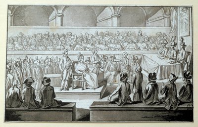 La reina de Francia María Antonieta ante el Tribunal Revolucionario: días 14,15,16/10/1793 El abogado que llevó su defensa en su caso es Claude Francois Chauveau-Lagarde (1756-1841). Dibujo en tinta negra Dim. 0,097x0,15 m. París, Museo del Louvre de Claude Francois Chauveau Lagarde