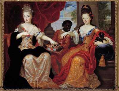 Retratos de Mademoiselle de Blois y Mademoiselle de Nantes servidas por su sirviente negro". Mademoiselle de Blois (1677-1749), futura esposa de Luis de Borbón, Mademoiselle de Nantes (1673-1743), futura duquesa de Orleans. Pintura de Claude Francois V de Claude Francois Vignon