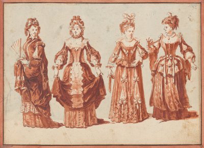 Vier Schauspielerinnen in Theaterkostümen de Claude Gillot