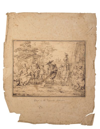 Les quatre âges de la vie: Siete figuras en un jardín, una cavando con una pala (pluma y tinta marrón) de Claude Gillot
