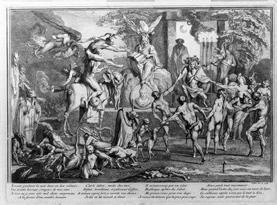 Ceremonia de Sabbath, demonios, brujas y criaturas monstruosas bailando. Grabado de Gillet de Claude Gillot