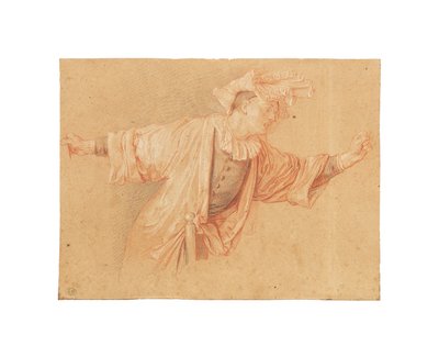 Estudio para Scaramouche, con los brazos extendidos, c. 1707 (tiza roja, negra y blanca, sobre papel gris claro) de Claude Gillot