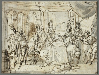 Los actores preparándose (recto); Estudios de la Sagrada Familia y San Juan Bautista (verso) de Claude Gillot
