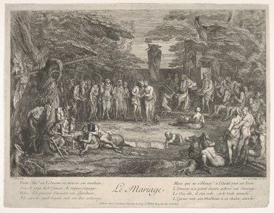 El matrimonio: en un bosque, un viejo sátiro casa a los prometidos en el centro, ca. 1700-1720 de Claude Gillot