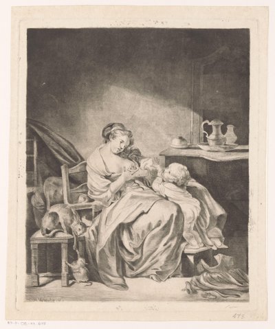 Interior con una mujer sentada alimentando a su hijo de Claude Henri Watelet