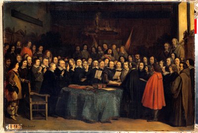 La paz de Westfalia, el juramento después de la ratificación de la paz entre los españoles y los neerlandeses, en el Ayuntamiento de Münster el 15/05/1648. Terminaron la Guerra de los Treinta Años de Claude Jacquand