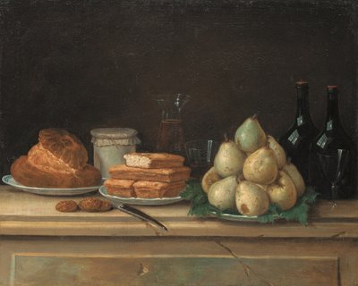 Peras y pan en platos, con botellas de vino y copas en un alféizar de piedra (óleo sobre lienzo) de Claude Joseph Fraichot