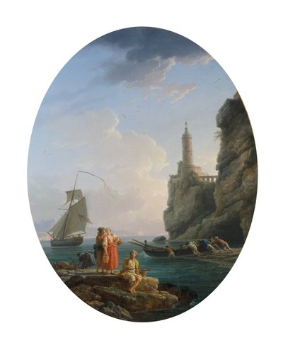 Una costa mediterránea con una pareja de enamorados y pescadores de Claude Joseph Vernet