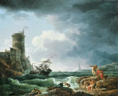Tormenta con naufragio junto a una fortaleza, un náufrago en primer plano, 1769 de Claude Joseph Vernet