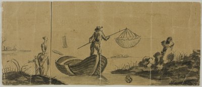 Chinoiserie con hombre pescando desde un bote, mujer y niño de pie en la orilla de Claude Joseph Vernet