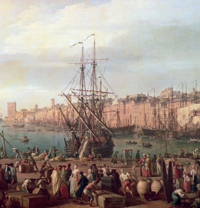 Vista matutina del puerto interior de Marsella y el Pabellón del Reloj del Parque, 1754 (detalle) de Claude Joseph Vernet