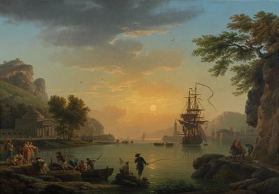 Paisaje al atardecer con pescadores regresando con su captura de Claude Joseph Vernet