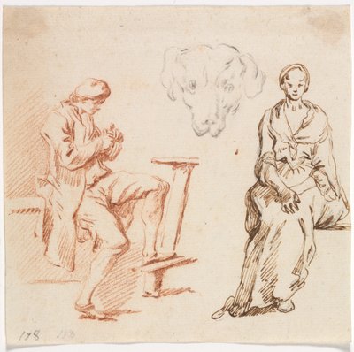 Ficha de Estudios: Hombre Sentado, Cabeza de Perro, Mujer Sentada de Claude Joseph Vernet
