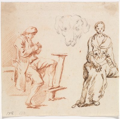 Hoja de estudios: Hombre sentado, Cabeza de un perro, Mujer sentada, 1700s de Claude Joseph Vernet
