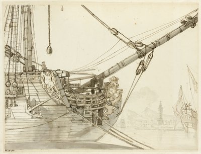 Estudio de la proa de un buque de guerra con buques de guerra británicos y el puerto de Nápoles más allá de Claude Joseph Vernet