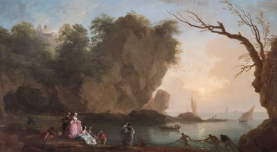 Puesta de sol: Vista sobre una bahía con figuras de Claude Joseph Vernet