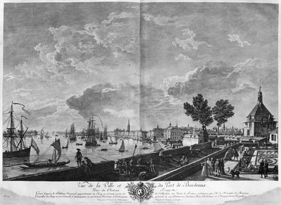 Vista de la ciudad y el puerto de Burdeos desde el Chateau Trompette, serie de "Les Ports de France", grabado por Charles Nicolas Cochin el Joven de Claude Joseph Vernet