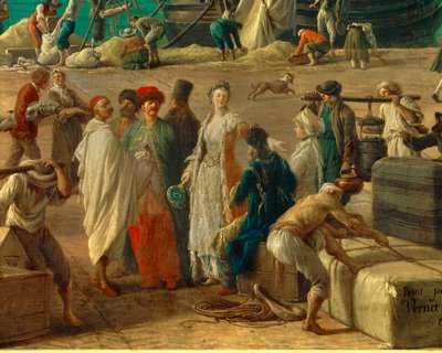 (detalle) El puerto de Marsella en el siglo XVIII. Detalle que representa la descarga de mercancías. Pintura de Joseph Vernet (1714-1789) de Claude Joseph Vernet