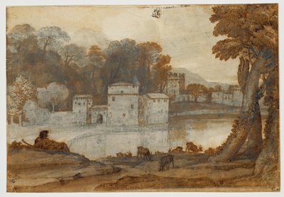 Pastor junto a un lago cerca de un molino fortificado ... de Claude Lorrain (1600-82)