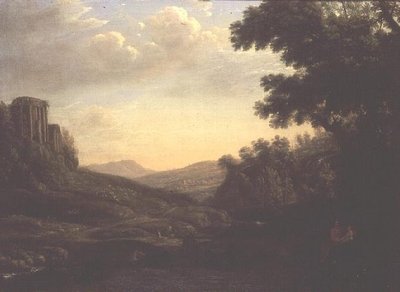 Paisaje boscoso extenso con templo en ruinas de Claude Lorrain