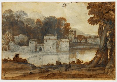 Pastor junto a un lago cerca de un molino fortificado ... de Claude Lorrain (1600-82)