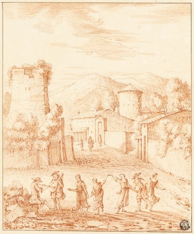 Bailarines y músicos ante pueblo con torre en ruinas de Claude Lorrain