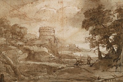 Paisaje con torre redonda y bahía de Claude Lorrain