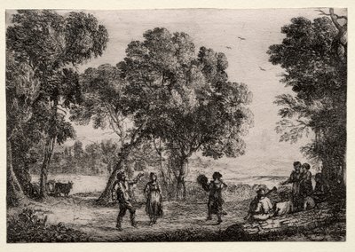 Paisaje con una danza campestre, placa pequeña, c. 1637 de Claude Lorrain