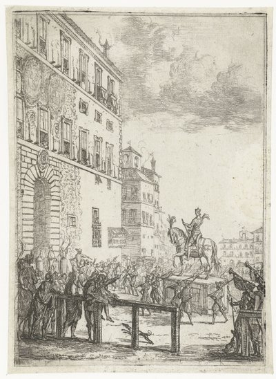 Estatua ecuestre del emperador del Sacro Imperio Romano Germánico La estatua equestre du roi des romains Fuegos artificiales y festividades con motivo del recién elegido emperador del Sacro Imperio Romano Germánico (título de la serie) de Claude Lorrain