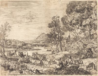 Pastor y pastora conversando en un paisaje de Claude Lorrain