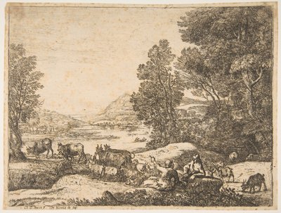 Pastor y pastora conversando en un paisaje de Claude Lorrain