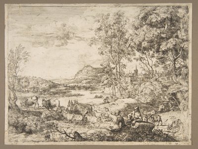 Pastor y pastora conversando en un paisaje de Claude Lorrain