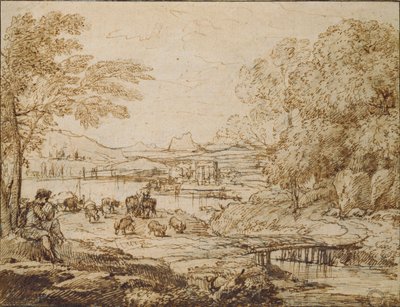 Joven tocando una flauta en un paisaje pastoral de Claude Lorrain